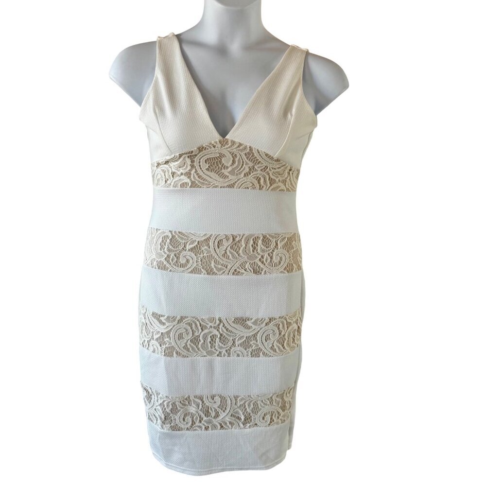 White Sleeveless Lace Panel Dress Love by Chesley V-Neck Scoop Back Large
